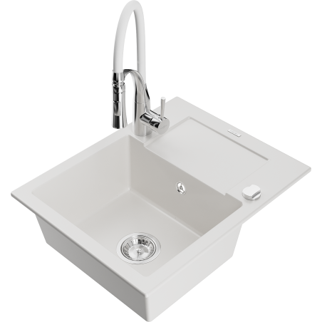 Mexen Enzo granitový dřez s 1 komorou s odkapávačem a kuchyňskou baterií Aster, bílý - 6506-20-73450-02