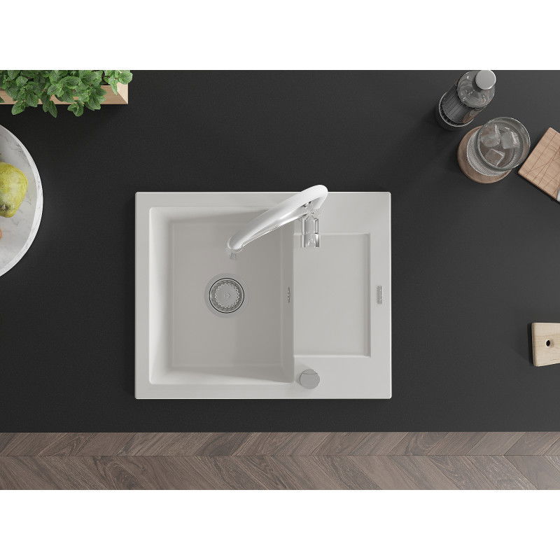 Mexen Enzo granitový dřez s 1 komorou s odkapávačem a kuchyňskou baterií Aster, bílý - 6506-20-73450-02