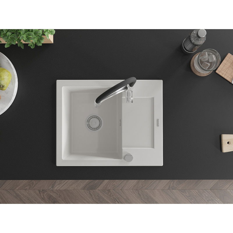 Mexen Enzo granitový dřez s 1 komorou, odkapávačem a kuchyňskou baterií Aster, bílý - 6506-20-73450-07