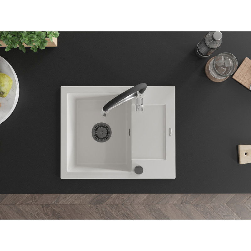 Mexen Enzo granitový dřez s 1 komorou s odkapávačem a kuchyňskou baterií Aster, bílý - 6506-20-73450-07-B