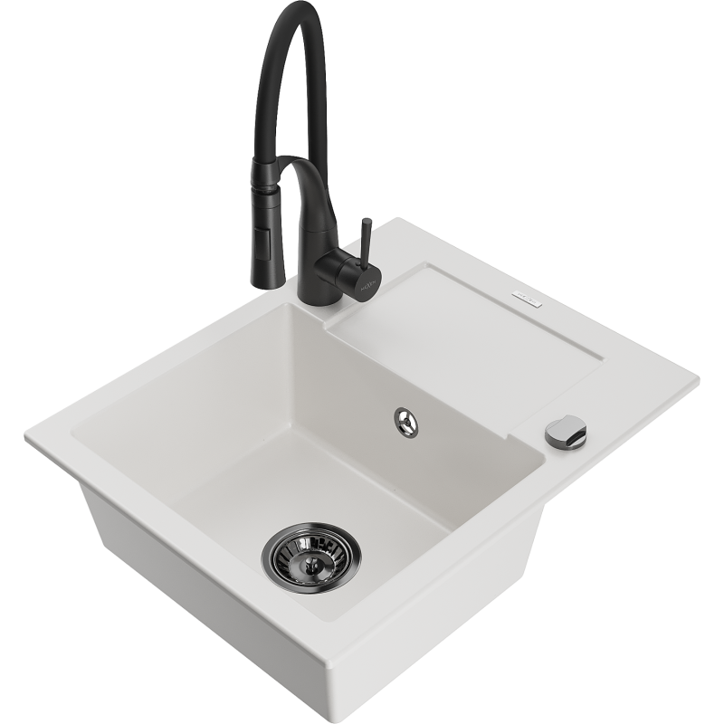 Mexen Enzo granitový dřez 1-komorový s odkapávačem a kuchyňskou baterií Aster, bílý - 6506-20-73450-70-B