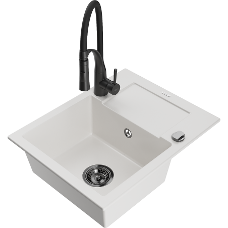 Mexen Enzo granitový dřez 1-komorový s odkapávačem a kuchyňskou baterií Aster, bílý - 6506-20-73450-70-B