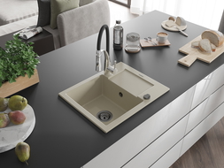 Mexen Enzo granitový dřez 1-komorový s odkapávačem a kuchyňskou baterií Aster, béžový - 6506-69-73450-07-B