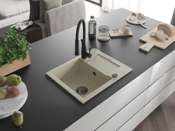 Mexen Enzo granitový dřez s 1 komorou, odkapávačem a kuchyňskou baterií Aster, béžový - 6506-69-73450-70-B