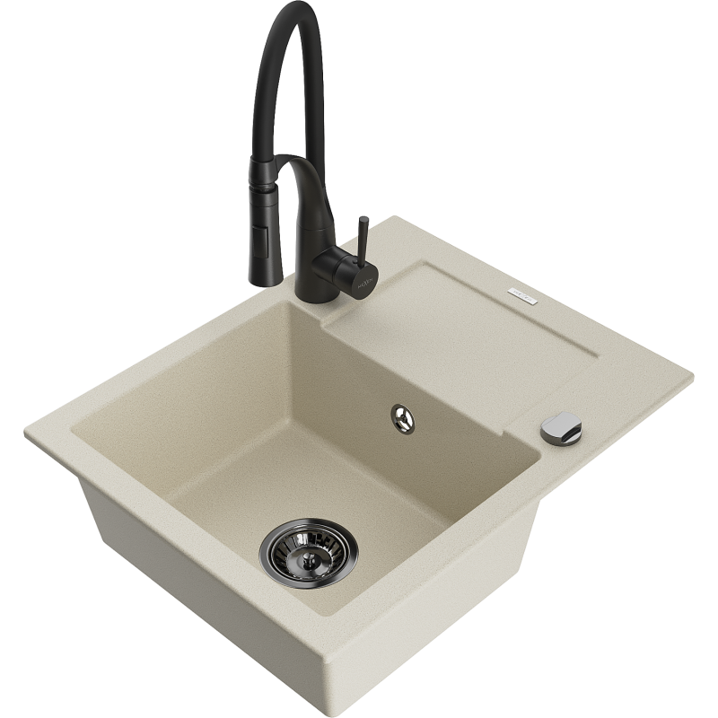 Mexen Enzo granitový dřez 1-komorový s odkapávačem a kuchyňskou baterií Aster, béžový - 6506-69-73450-70-B