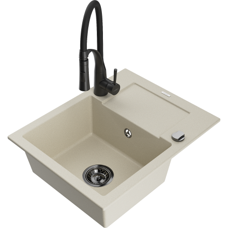 Mexen Enzo granitový dřez 1-komorový s odkapávačem a kuchyňskou baterií Aster, béžový - 6506-69-73450-70-B