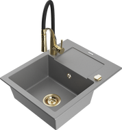 Mexen Enzo granitový dřez 1-komorový s odkapávačem a kuchyňskou baterií Aster, šedý - 6506-71-73450-57-G