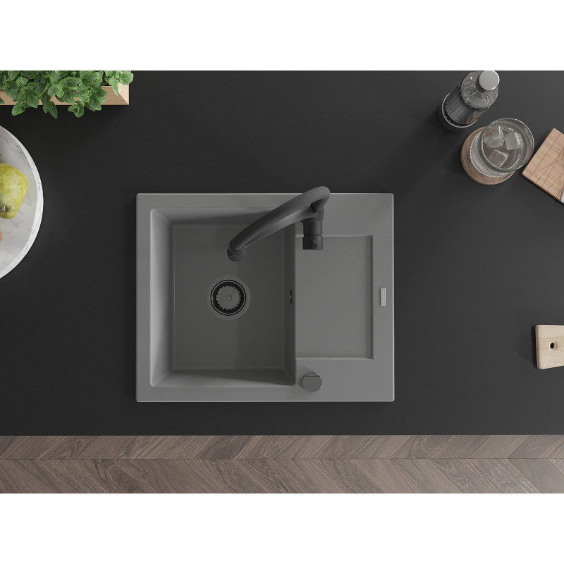 Mexen Enzo granitový dřez s 1 komorou s odkapávačem a kuchyňskou baterií Aster, šedý - 6506-71-73450-70-B