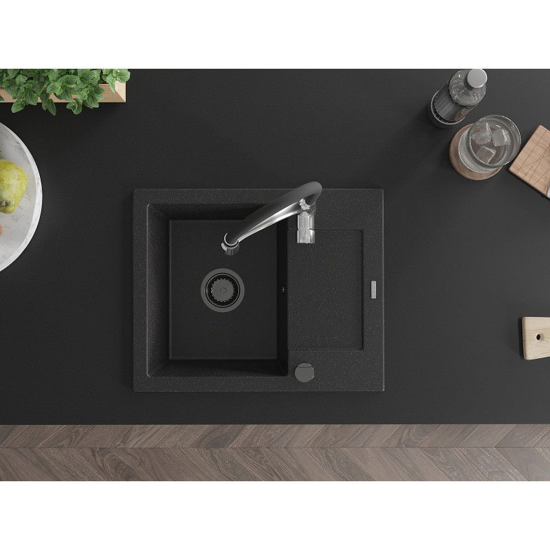 Mexen Enzo granitový dřez s 1 komorou a odkapávačem a kuchyňskou baterií Aster, černý/stříbrný metalik - 6506-73-73450-07-B