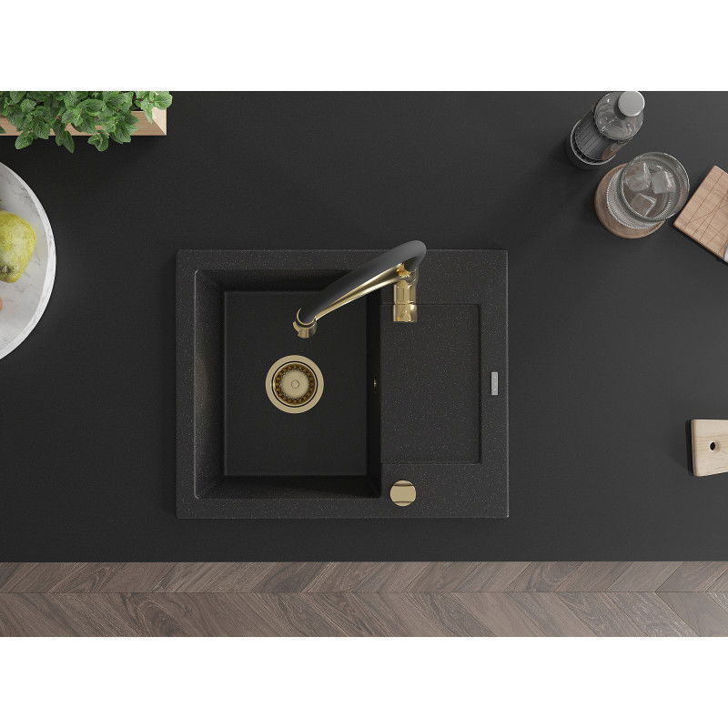Mexen Enzo granitový dřez 1-komorový s odkapávačem a kuchyňskou baterií Aster, černý/stříbrný metalik - 6506-73-73450-57-G
