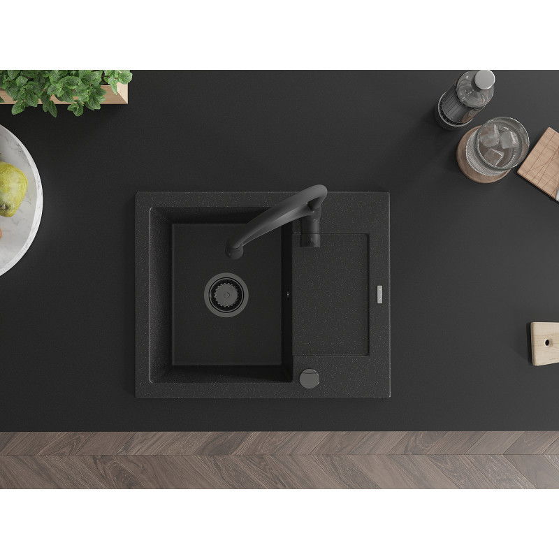Mexen Enzo granitový dřez s 1 komorou a odkapávačem a kuchyňskou baterií Aster, černý/stříbrný metalik - 6506-73-73450-70-B