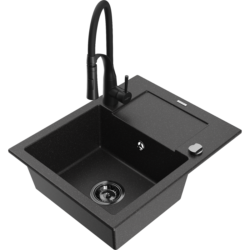 Mexen Enzo granitový dřez s 1 komorou a odkapávačem a kuchyňskou baterií Aster, černý/stříbrný metalik - 6506-73-73450-70-B
