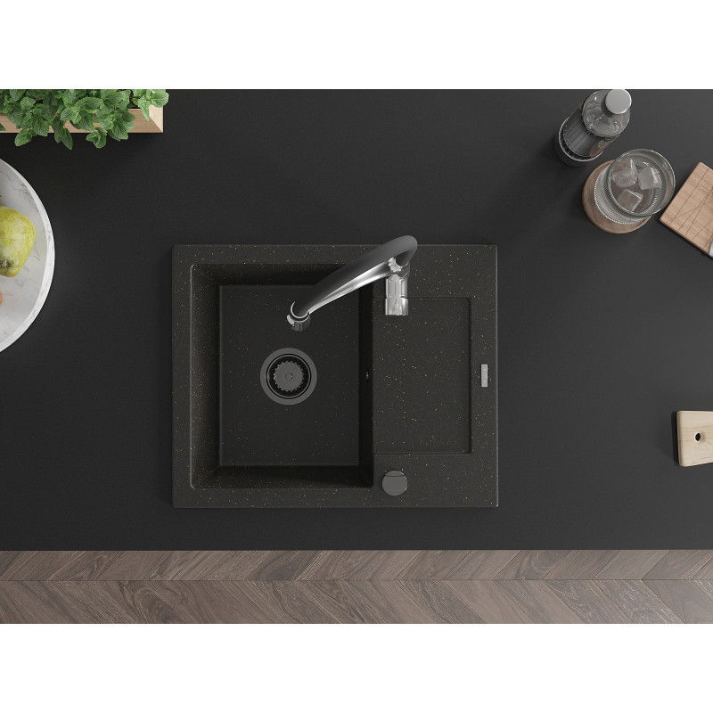 Mexen Enzo granitový dřez 1-komorový s odkapávačem a kuchyňskou baterií Aster, černá/zlatý metalik - 6506-75-73450-07-B