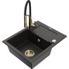 Mexen Enzo granitový dřez 1-komorový s odkapávačem a kuchyňskou baterií Aster, černý/zlatý metalik - 6506-75-73450-57-G