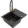 Mexen Enzo granitový dřez 1-komorový s odkapávačem a kuchyňskou baterií Aster, černý/zlatý metalík - 6506-75-73450-57-B