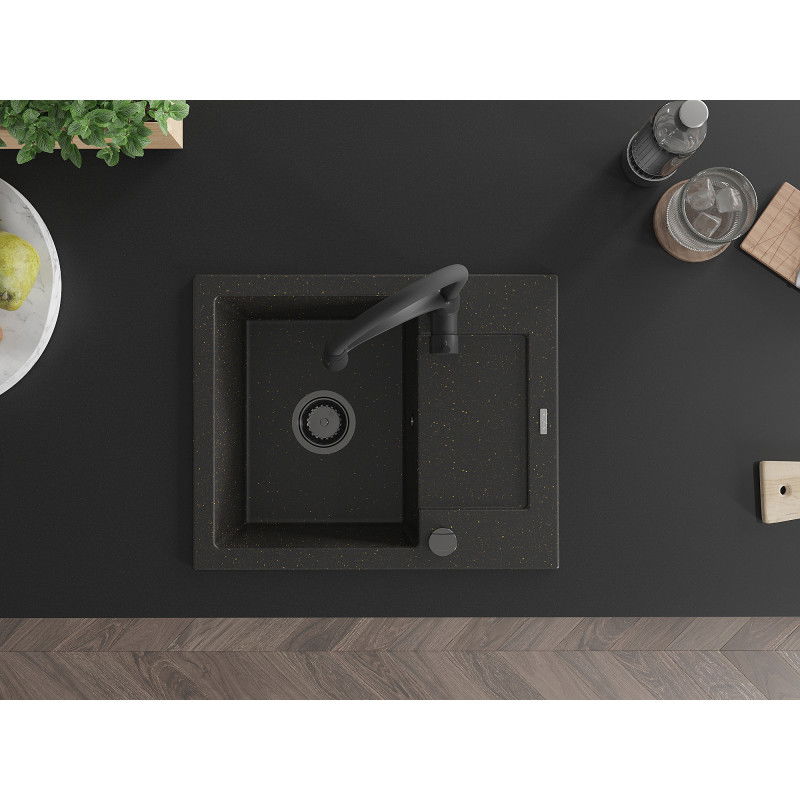 Mexen Enzo granitový dřez 1-komorový s odkapávačem a kuchyňskou baterií Aster, černý/zlatý metalic - 6506-75-73450-70-B