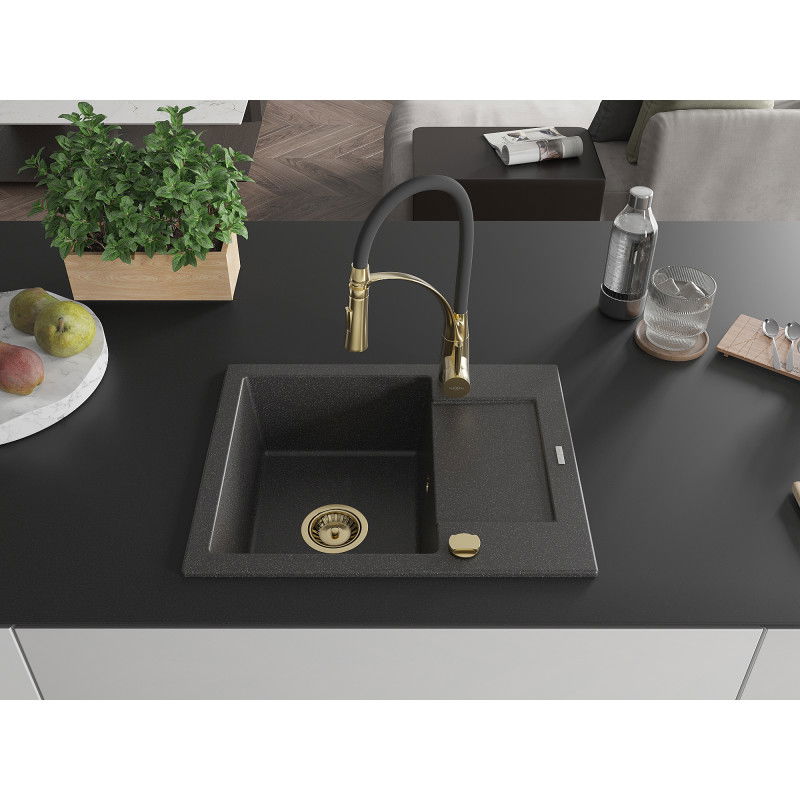 Mexen Enzo granitový dřez 1-komorový s odkapávačem a kuchyňskou baterií Aster, černý skvrnitý - 6506-76-73450-57-G