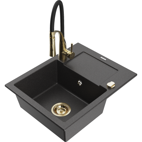 Mexen Enzo granitový dřez 1-komorový s odkapávačem a kuchyňskou baterií Aster, černý skvrnitý - 6506-76-73450-57-G