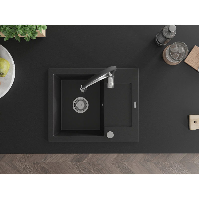 Mexen Enzo granitový dřez 1-komorový s odkapávačem a kuchyňskou baterií Aster, černý - 6506-77-73450-07