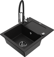 Mexen Enzo granitový dřez 1-komorový s odkapávačem a kuchyňskou baterií Aster, černý - 6506-77-73450-07-B