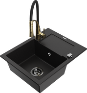 Mexen Enzo granitový dřez s 1 komorou a odkapávačem a kuchyňskou baterií Aster, černý - 6506-77-73450-57-B