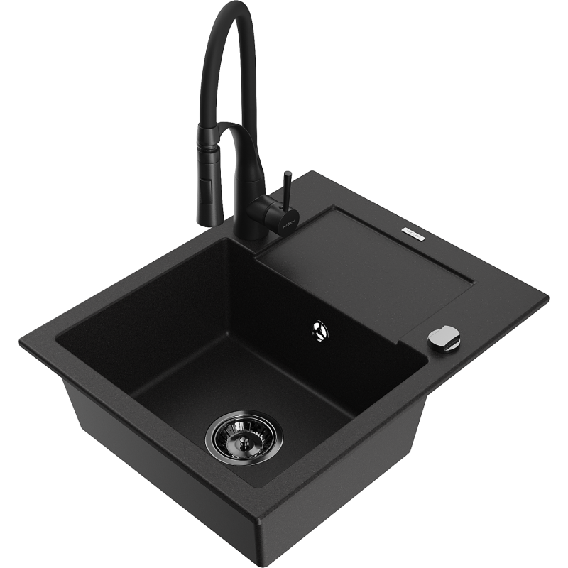 Mexen Enzo granitový dřez 1-komorový s odkapávačem a kuchyňskou baterií Aster, černý - 6506-77-73450-70-B