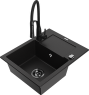Mexen Enzo granitový dřez 1-komorový s odkapávačem a kuchyňskou baterií Aster, černý - 6506-77-73450-70-B