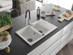 Mexen Gaspar granitový dřez 1,5komorový s odkapávačem a kuchyňskou baterií Aster, bílý - 6507-20-73450-07-B