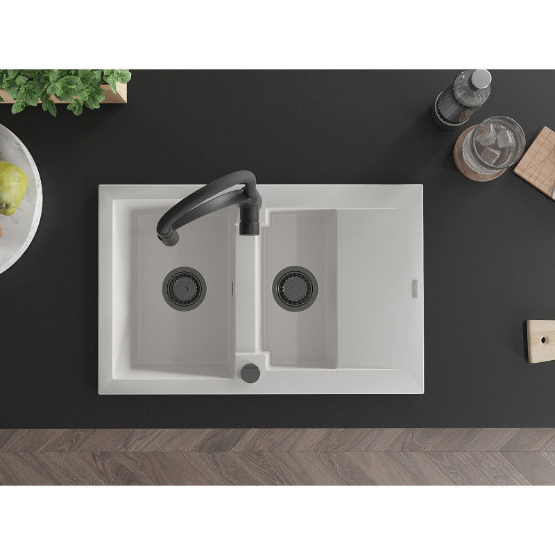 Mexen Gaspar granitový dřez 1,5-komorový s odkapávačem a kuchyňskou baterií Aster, bílý - 6507-20-73450-70-B