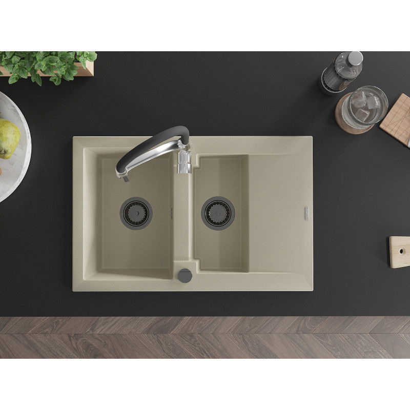 Mexen Gaspar granitový dřez 1,5-komorový s odkapávačem a kuchyňskou baterií Aster, béžový - 6507-69-73450-07-B