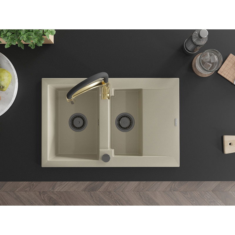 Mexen Gaspar dřez granitový 1,5-komorový s odkapávačem a kuchyňskou baterií Aster, béžový - 6507-69-73450-57-B