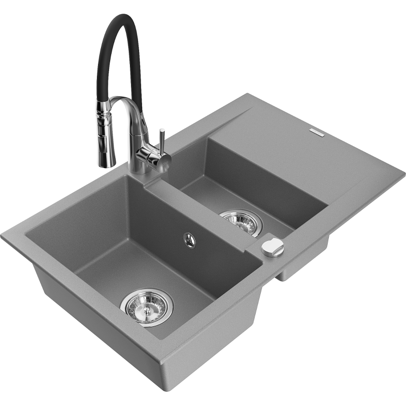 Mexen Gaspar granitový dřez 1,5 komorový s odkapávačem a kuchyňskou baterií Aster, šedý - 6507-71-73450-07