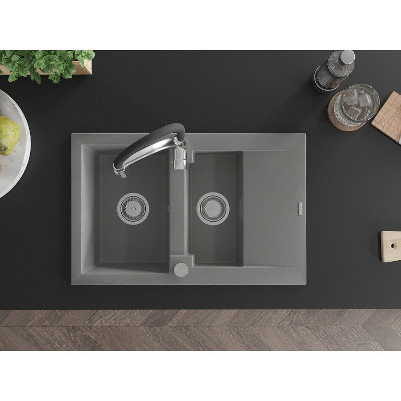 Mexen Gaspar granitový dřez 1,5 komorový s odkapávačem a kuchyňskou baterií Aster, šedý - 6507-71-73450-07