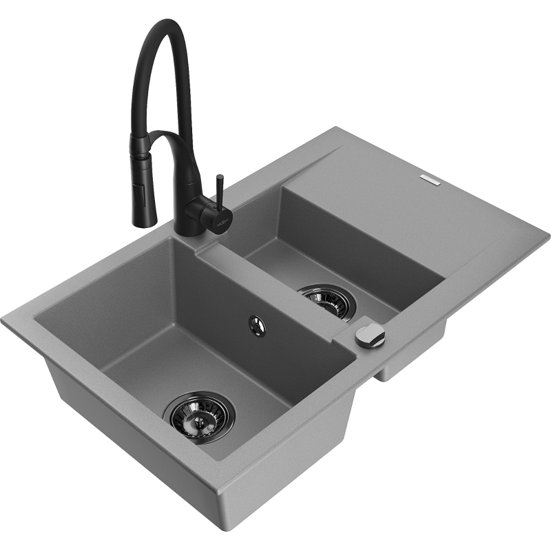 Mexen Gaspar granitový dřez 1,5-komorový s odkapávačem a kuchyňskou baterií Aster, šedý - 6507-71-73450-70-B
