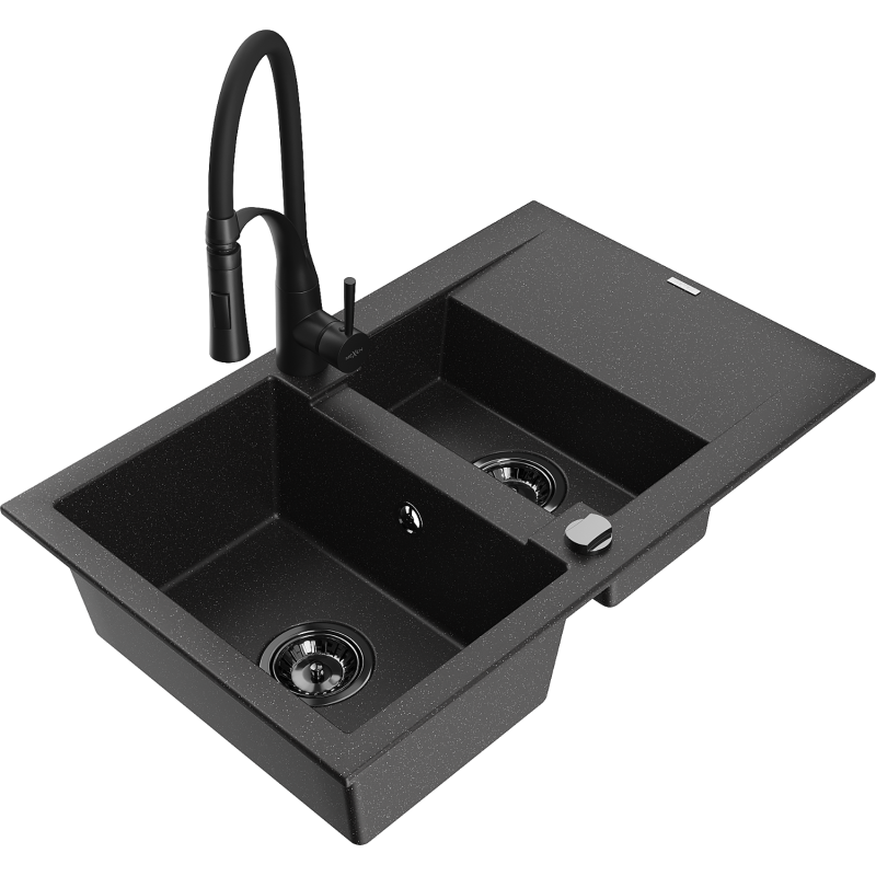 Mexen Gaspar granitový dřez 1,5-komorový s odkapávačem a kuchyňskou baterií Aster, černý/stříbrný - 6507-73-73450-70-B
