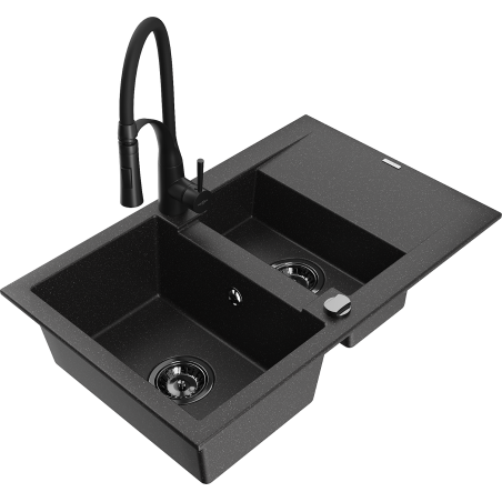 Mexen Gaspar granitový dřez 1,5-komorový s odkapávačem a kuchyňskou baterií Aster, černý/stříbrný - 6507-73-73450-70-B