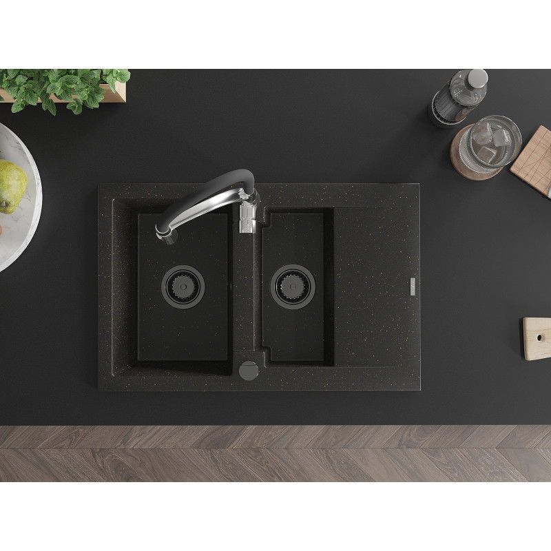 Mexen Gaspar granitový dřez 1,5komorový s odkapávačem a kuchyňskou baterií Aster, černý/zlatý metalik - 6507-75-73450-07-B