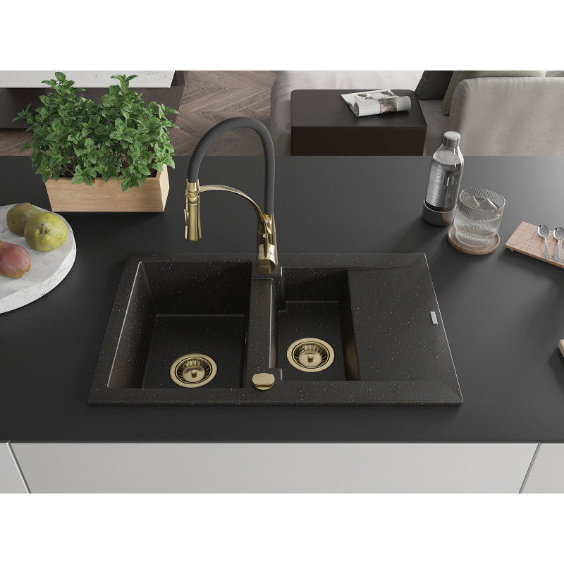 Mexen Gaspar granitový dřez 1,5komorový s odkapávačem a kuchyňskou baterií Aster, černý/zlatý metalik - 6507-75-73450-57-G