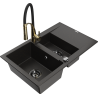 Mexen Gaspar žulový dřez 1,5-komorový s odkapávačem a kuchyňskou baterií Aster, černý/zlatý metalik - 6507-75-73450-57-B