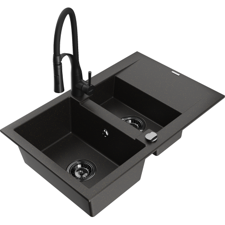 Mexen Gaspar dřez granitový 1,5-komorový s odkapávačem a kuchyňskou baterií Aster, černý/zlatý metalik - 6507-75-73450-70-B