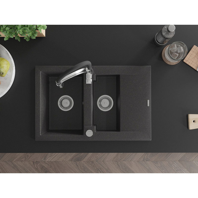 Mexen Gaspar granitový dřez 1,5-komorový s odkapávačem a kuchyňskou baterií Aster, černý skvrnitý - 6507-76-73450-07