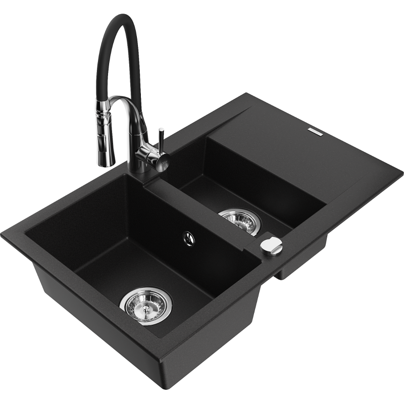 Mexen Gaspar granitový dřez 1,5-komorový s odkapávačem a kuchyňskou baterií Aster, černý - 6507-77-73450-07