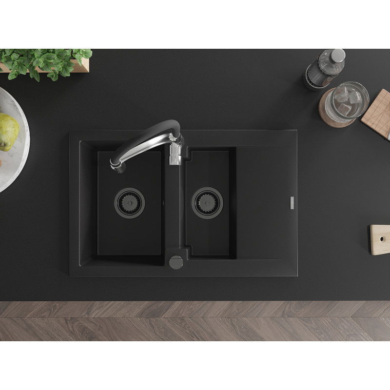 Mexen Gaspar dřez z granitu 1,5-komorový s odkapávačem a kuchyňskou baterií Aster, černý - 6507-77-73450-07-B