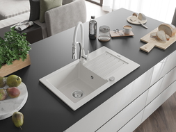 Mexen Pablo granitový dřez 1-komorový s odkapávačem a kuchyňskou baterií Aster, bílý - 6510-20-73450-02