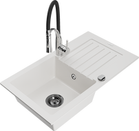 Mexen Pablo granitový dřez jednokomorový s odkapávačem a kuchyňskou baterií Aster, bílý - 6510-20-73450-07-B