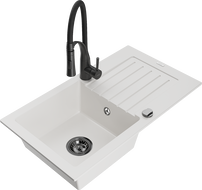 Mexen Pablo granitový dřez 1-komorový s odkapávačem a kuchyňskou baterií Aster, bílý - 6510-20-73450-70-B