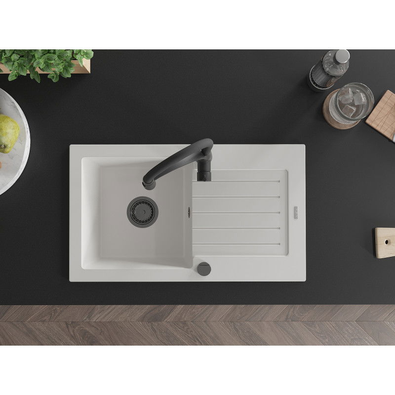 Mexen Pablo granitový dřez 1-komorový s odkapávačem a kuchyňskou baterií Aster, bílý - 6510-20-73450-70-B