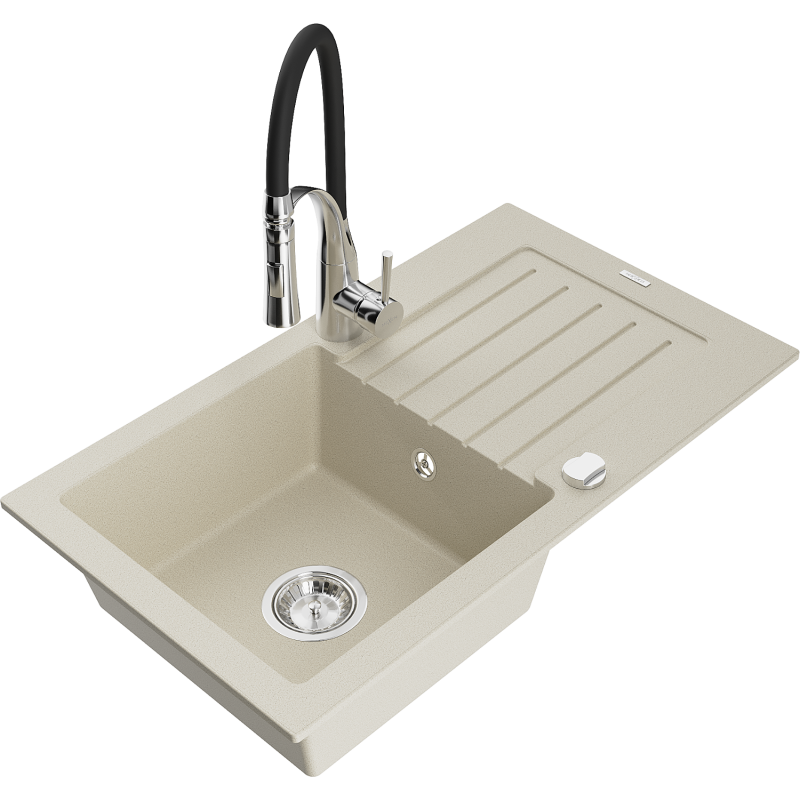 Mexen Pablo granitový dřez 1-komorový s odkapávačem a kuchyňskou baterií Aster, béžový - 6510-69-73450-07