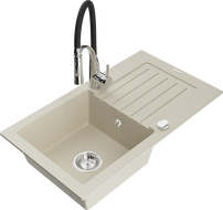 Mexen Pablo granitový dřez 1-komorový s odkapávačem a kuchyňskou baterií Aster, béžový - 6510-69-73450-07