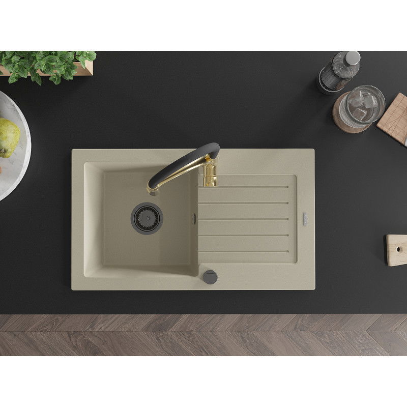 Mexen Pablo žulový dřez 1-komorový s odkapávačem a kuchyňskou baterií Aster, béžový - 6510-69-73450-57-B